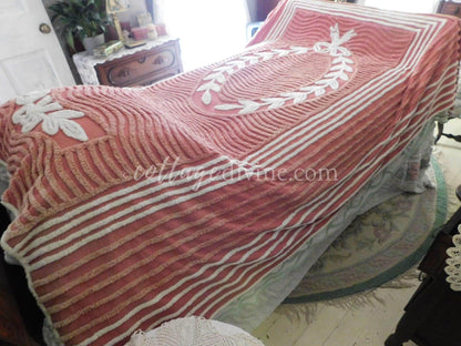 elegant twin size chenille bedspread, white laurel leaf design on terracotta, vintage cotton bedding