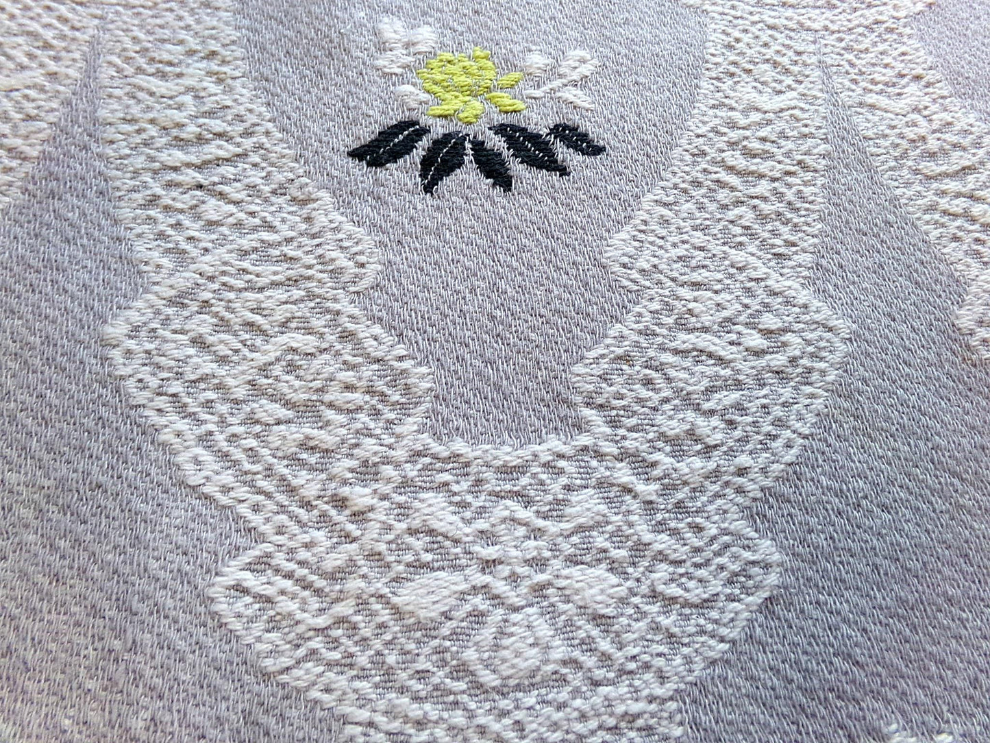 starlight silver swag vintage woven fabric piece, white lace designs, cool grey, chartreuse rose florals, reversible Bates design, 22" x 27"