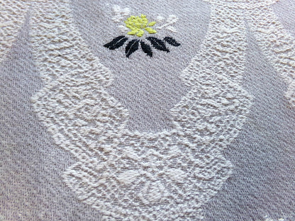 starlight silver swag vintage woven fabric piece, white lace designs, cool grey, chartreuse rose florals, reversible Bates design, 22" x 27"