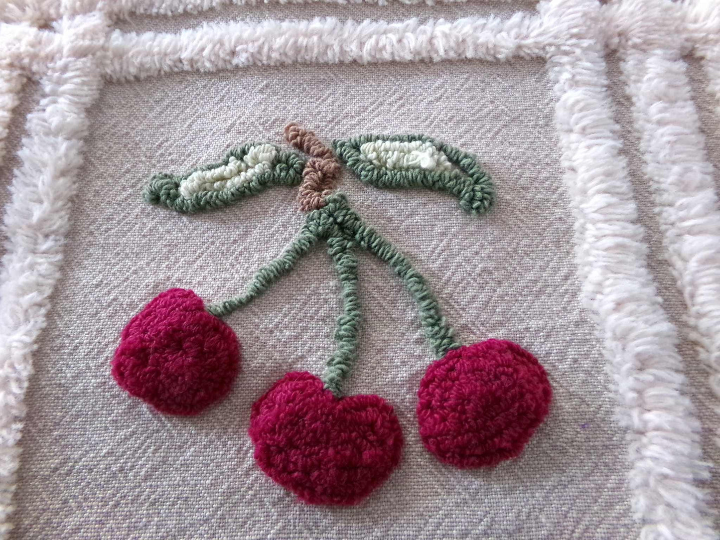 Adorable Cherries Vintage Chenille Fabric, 18" x 24" inch piece of sewing material with 6 cherry bunches for quilts, pillows, wall hanging
