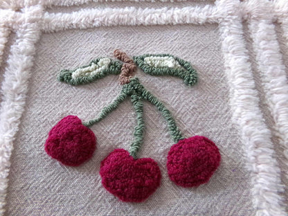 Adorable Cherries Vintage Chenille Fabric, 18" x 24" inch piece of sewing material with 6 cherry bunches for quilts, pillows, wall hanging