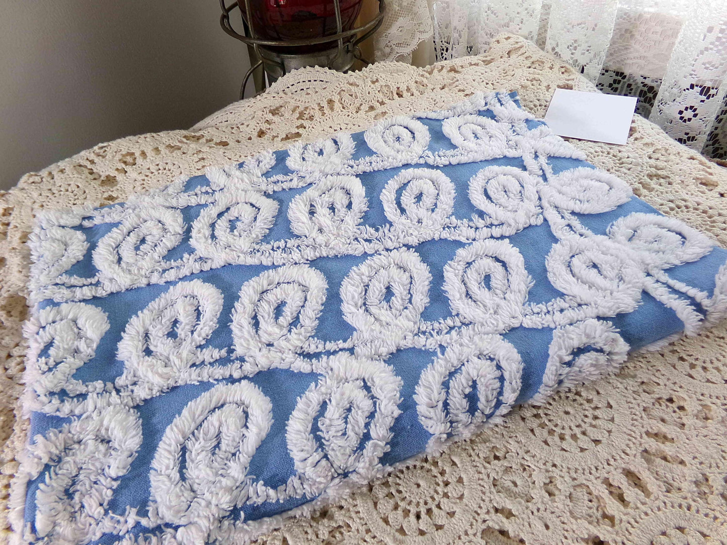 White & Blue Chenille Fabric, Soft Curlicue Swirls, 18" x 26" inch Piece, Vintage Cotton Material for Quilting, Crafts