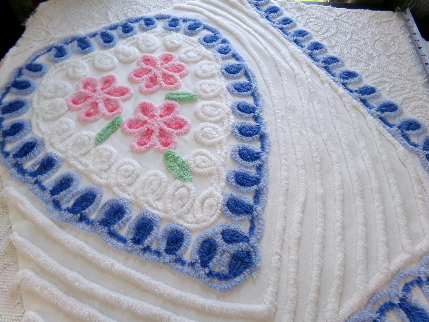 sweet 'n shabby vintage chenille fabric, pink & blue rose heart design, 24" x 25" piece of sewing material