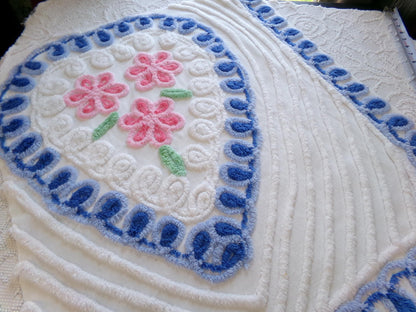sweet 'n shabby vintage chenille fabric, pink & blue rose heart design, 24" x 25" piece of sewing material