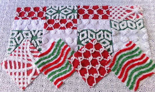 Christmas chenille fabric squares, red, white & green, 16 vintage quilt blocks 6" x 6" inch, for xmas stockings, pillows, quilting, crafts
