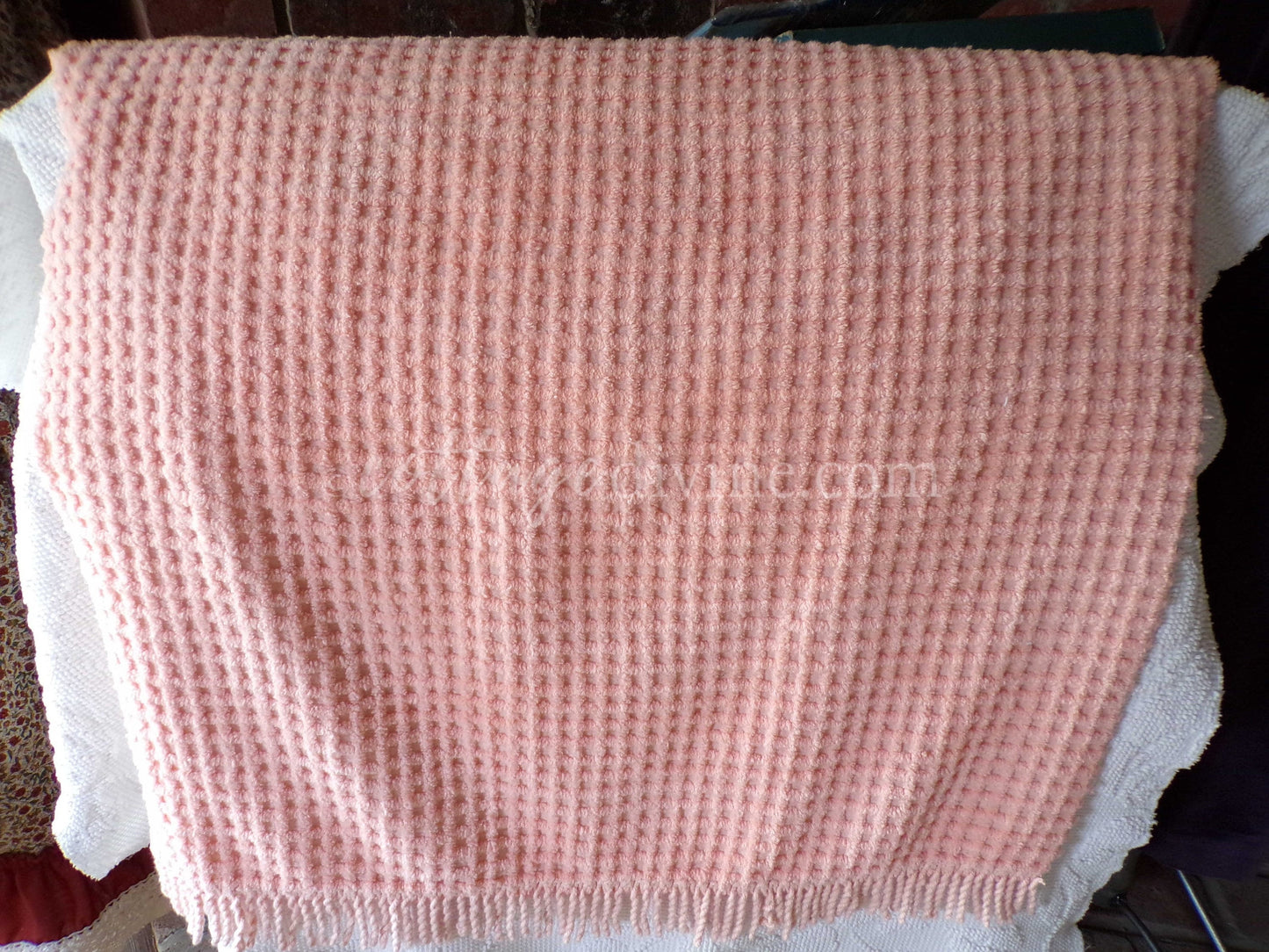 Mini Grid Vintage Chenille Quilt Fabric in Peach Bliss, 24" x 25" Piece, Snuggly Soft Cotton Waffle Tufting