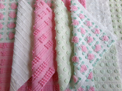 fairytale pink & green chenille fabric squares, set of 12 vintage 6" quilt blocks in crafty girl's dozen, popular squiggles, rosebud, dots