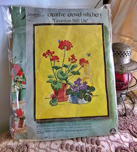 GERANIUM STILL LIFE Hippie 1970s Vintage Paragon Needlecraft Crewel Embroidery Stitchery Kit #02682X, Design by Carol & Don Henning
