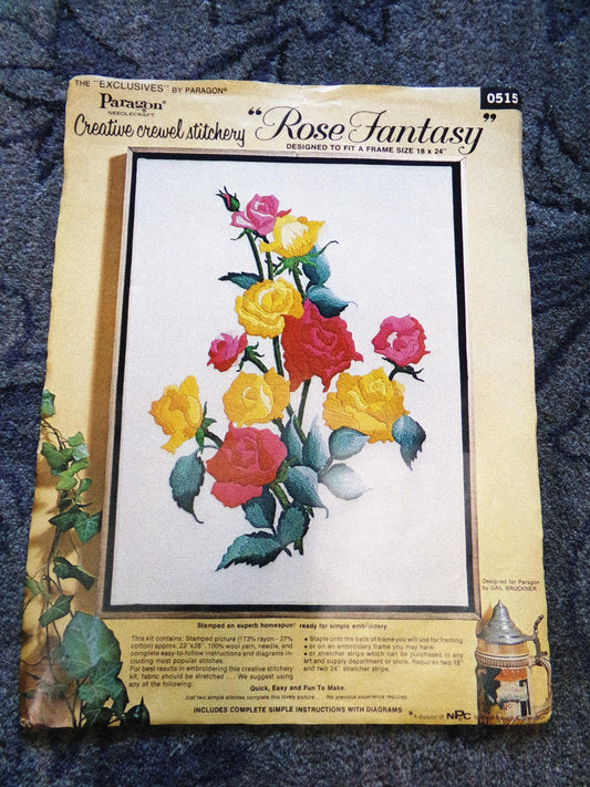 ROSE FANTASY Vintage Paragon Crewel Embroidery Kit #0515, Elegant Garden Roses Stitchery, Gail Bruckner Design