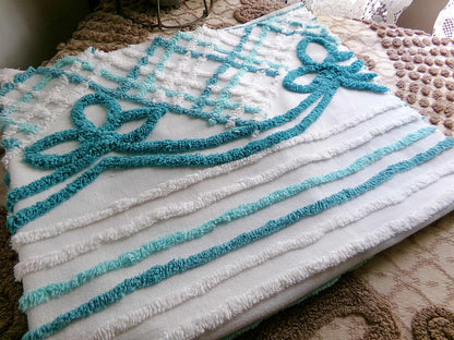 Pretty Vintage Chenille Fabric with Cottage Bow Swags, 24" x 25" inch Piece, 100% Cotton, Tonal Green & White