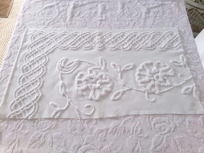sophisticated white floral vintage chenille fabric, cotton sewing material, 15" x 27" inch piece for crafts & quilting