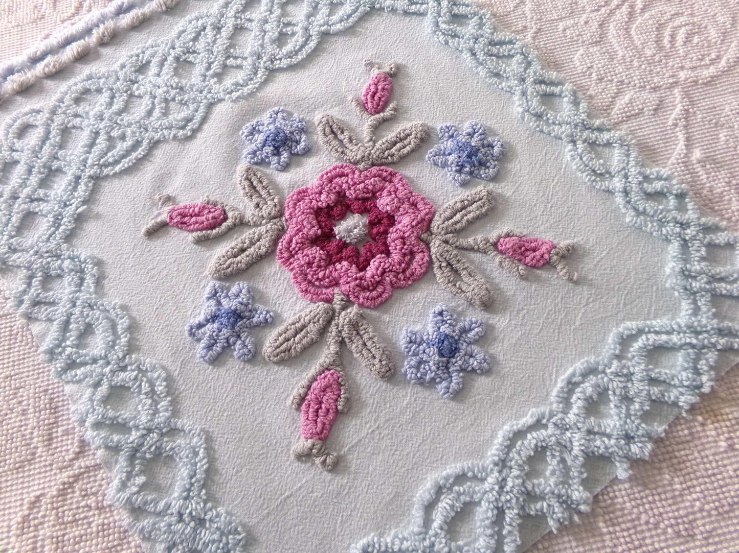 exquisite floral bloom chenille fabric, so pretty for pillow cover, 16" x 20.5" needletuft piece in ice blue with mauve pink flowers