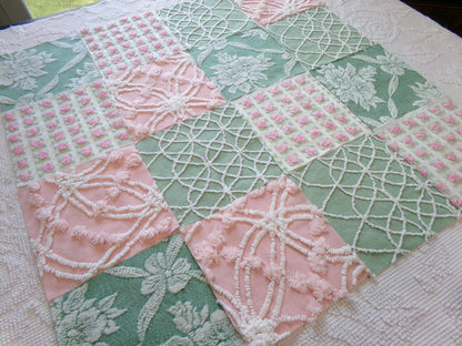 enchanted garden vintage woven & chenille fabric squares, set of 16 pink jade 6" quilt blocks for crafts, sewing, diy pillow covers