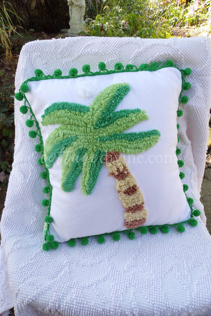 Tropical Bungalow Vintage Chenille Pillow Cover 12" x 12" inch Square, REVERSIBLE Palm Tree Design Accent Pillow & Insert with Pom Pom Trim