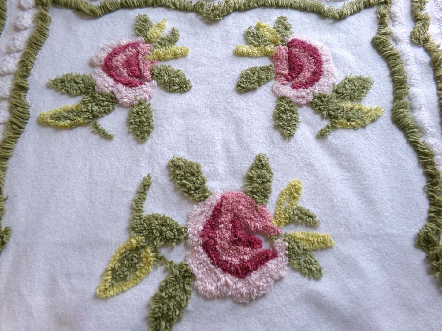 victorian style rose vintage chenille fabric, 19" x 25" inch piece of cotton sewing material, great for pillows & crafts