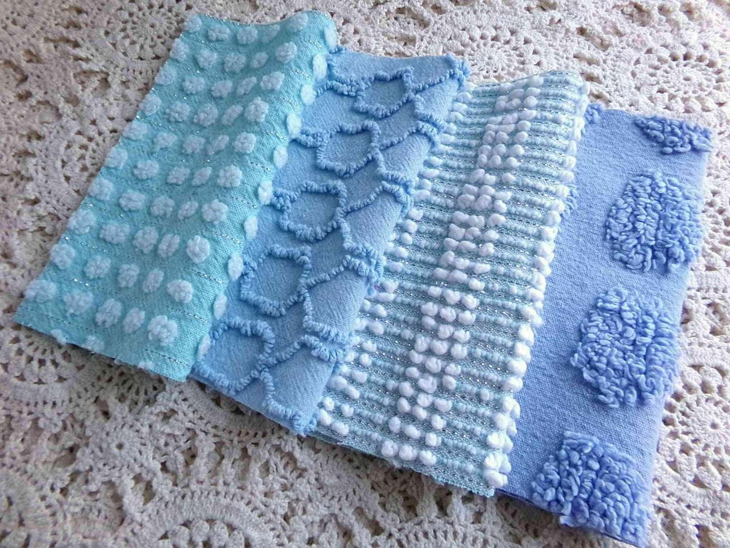 lake breeze vintage chenille quilt squares, set of 16 cool blue & aqua cotton 6" quilt blocks for quilting, upcycling into crafts