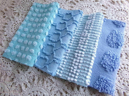lake breeze vintage chenille quilt squares, set of 16 cool blue & aqua cotton 6" quilt blocks for quilting, upcycling into crafts