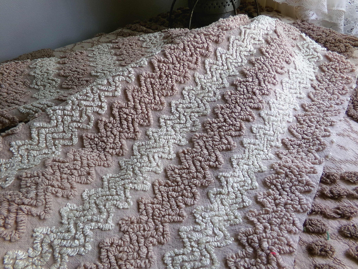 Vintage Chenille Fabric in Toasted Mocha & Vanilla Cream, 19" x 25" inch Piece, Texturized Zig Zags
