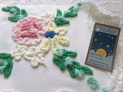 Cottage Style Vintage Chenille Fabric Bundle for Sewing, Quilting in Pink Floral, White & Green | 2 Pieces 12" x 18" each