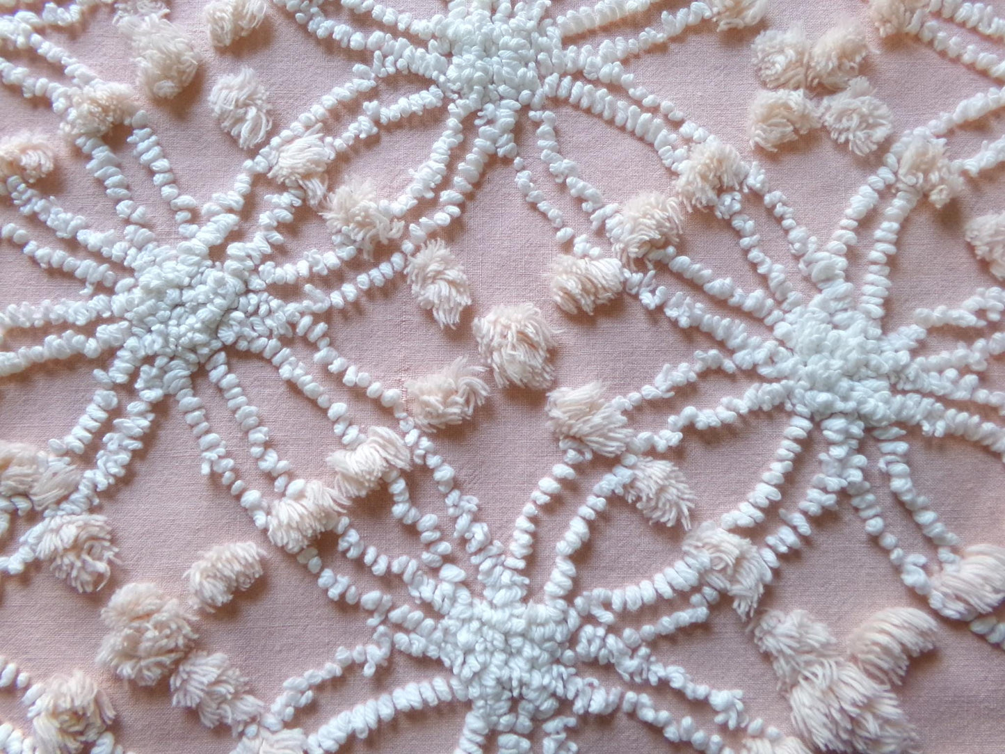 iced peach vintage chenille fabric, needletuft white wedding rings & overtufted pops, 20" x 24" piece sewing material for quilting, crafts