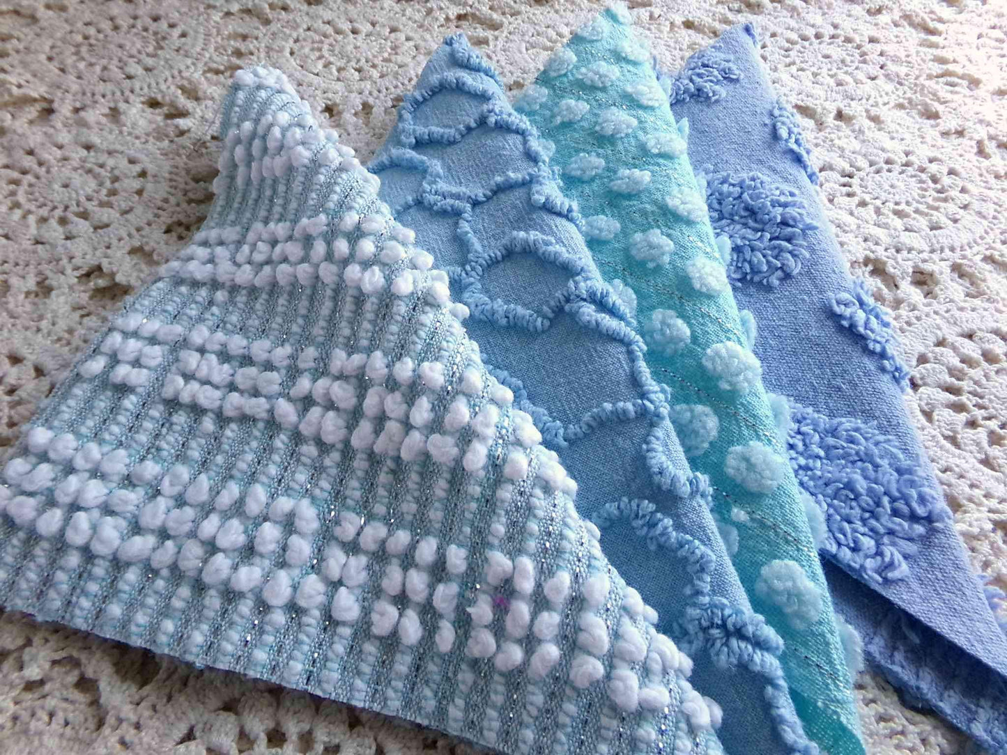 lake breeze vintage chenille quilt squares, set of 16 cool blue & aqua cotton 6" quilt blocks for quilting, upcycling into crafts