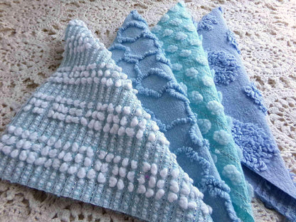 lake breeze vintage chenille quilt squares, set of 16 cool blue & aqua cotton 6" quilt blocks for quilting, upcycling into crafts