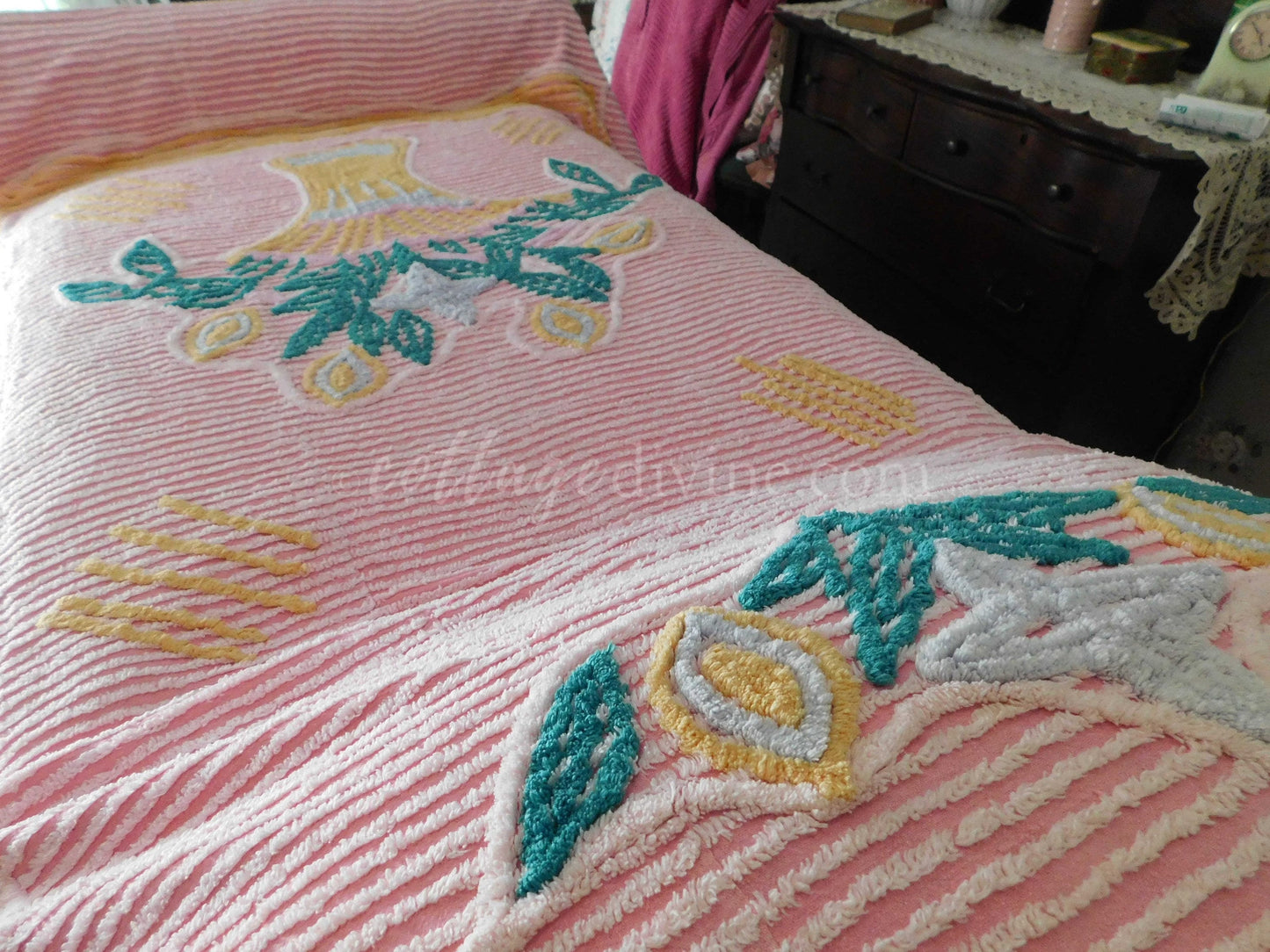 Vintage Chenille Bedspread, Giant Flower Basket on Pink, Full Size, 100% Cotton, Shabby Cottage Bedding