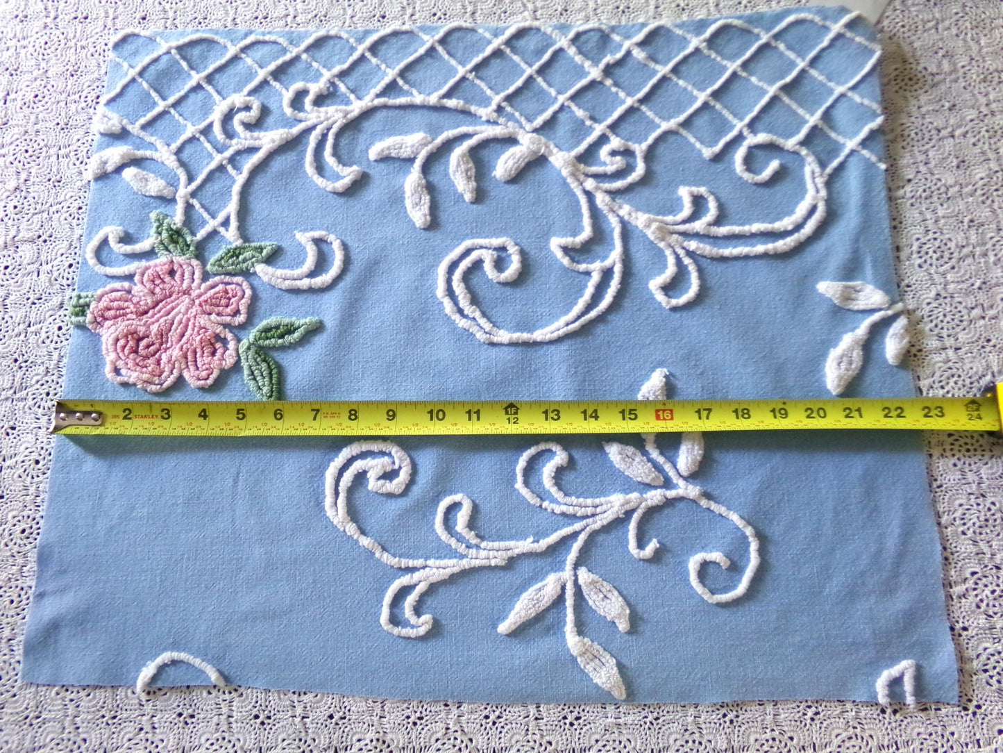 Romantic Pink Rose Vintage Chenille Fabric, 18" x 22" inch Piece, Blue Cotton Bkgd, Pretty for Pillow Covers or Quilting