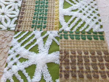 boho babe vintage chenille fabric squares, set of 16 earthtone olive, mocha, white quilt blocks 6" ea, for fiber arts, sewing, quilting