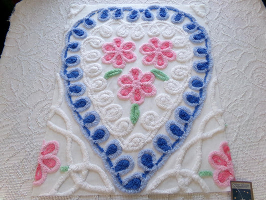 shabby pink & blue vintage chenille heart fabric, trio of roses with curlicue swirls, 18" x 22" piece of sewing material great for pillow