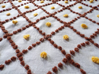 boho sunflower vintage chenille fabric, autumn gold & brown geometric florals on 100% cotton 22" x 28" cut piece