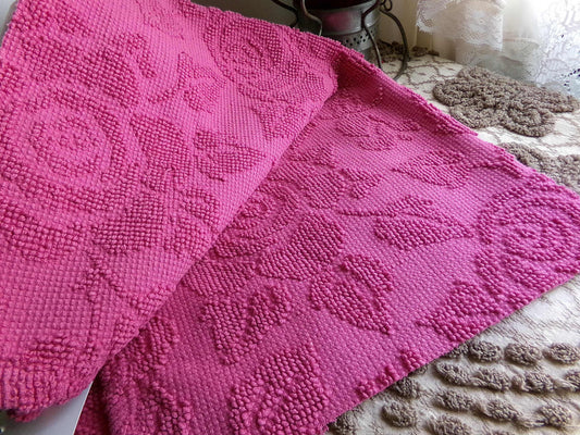 Bright Pink Woven Chenille Fabric, Reversible Hobnail Design, 18" x 24" inch Piece, Bold Magenta Color, Vintage Imperial Rose Pattern