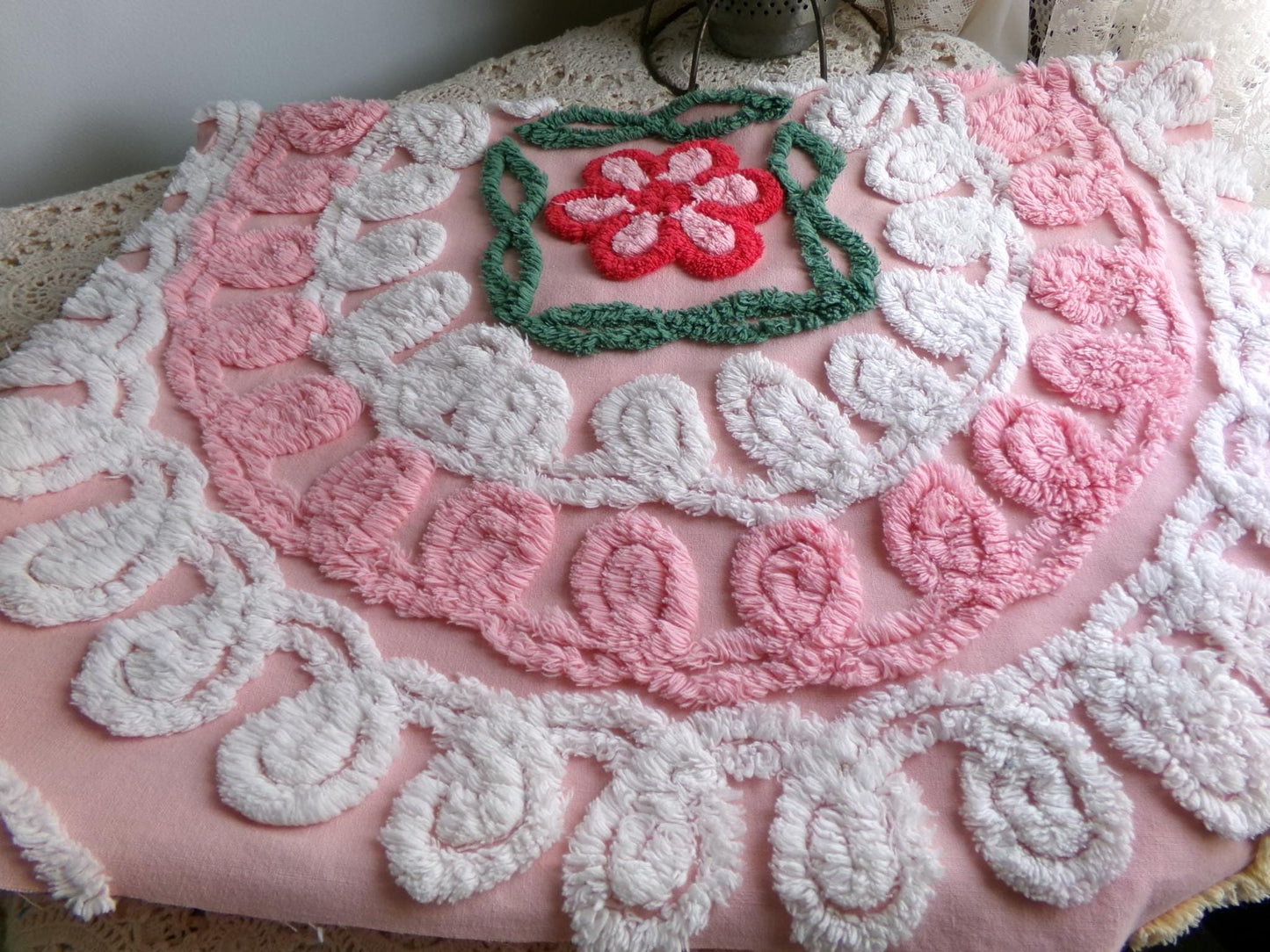 beautiful shabby pink vintage chenille fabric, frosted wedding cake design with rose flower, 20" x 31" inch piece of sewing material