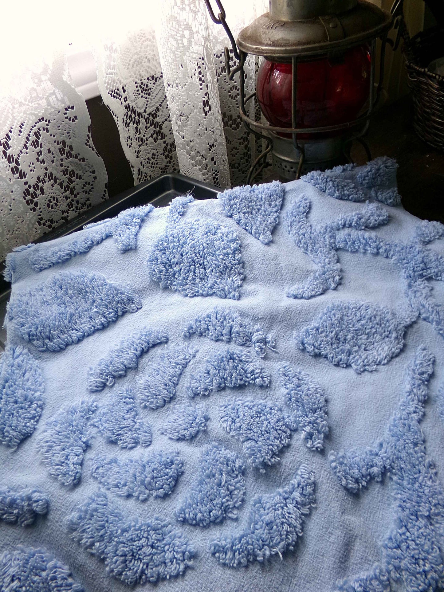 Sculpted Rose Vintage Chenille Quilt Fabric, 28" x 24" inch Piece, Tranquil Dusty Blue Cotton
