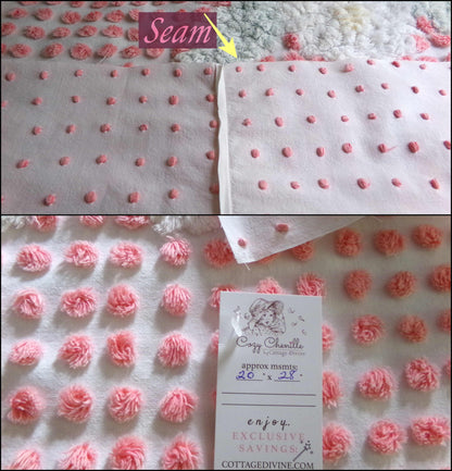 Darling White Lily Vintage Fabric, Handtufted Antique Chenille Pink & White Pops, 20" x 28" Inch Piece