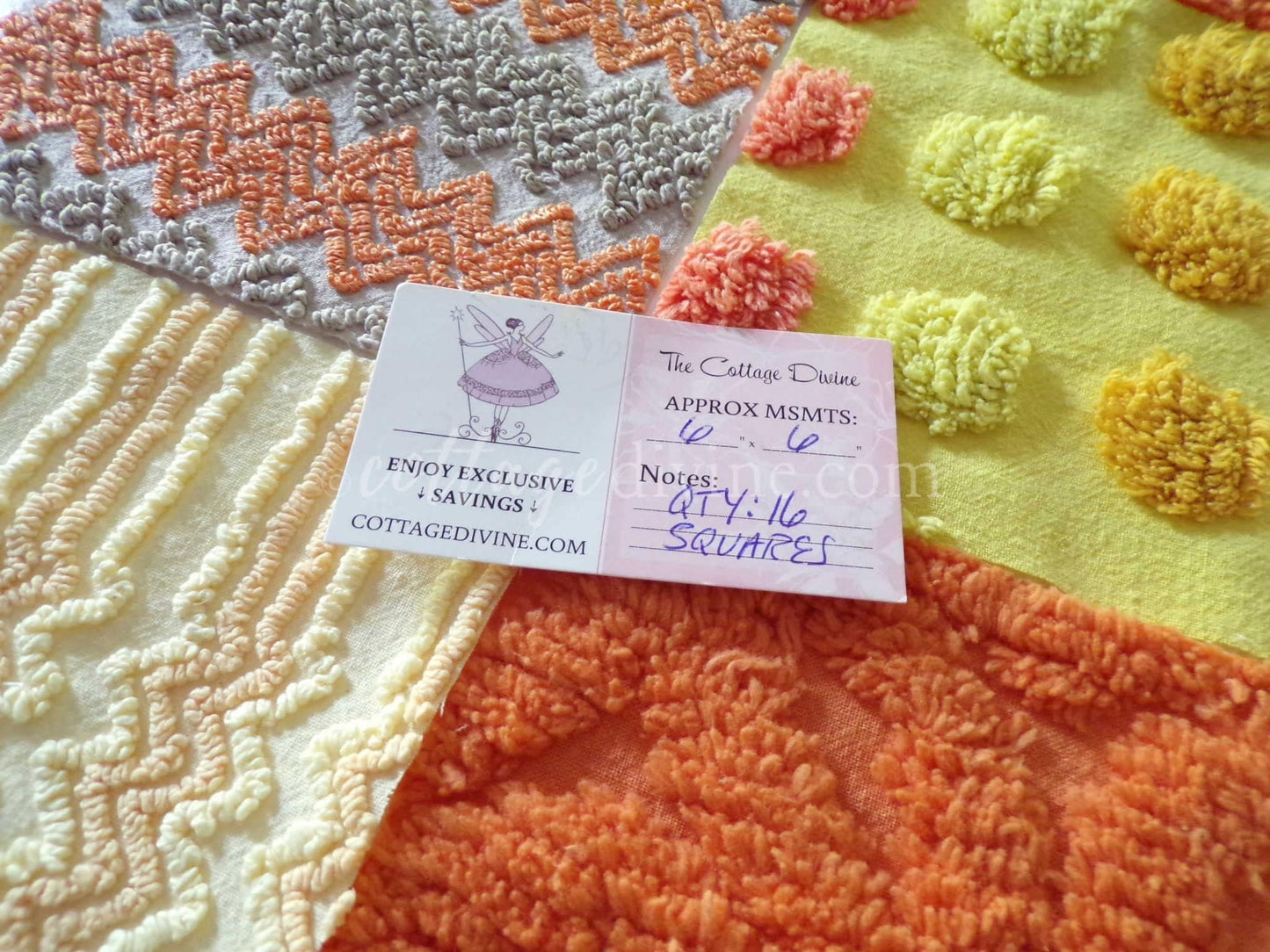 Quilt Squares Set, "Wild Lightning Zaps" from Vintage Chenille Bedspread Fabric, 16 Blocks, 6" x 6" inch