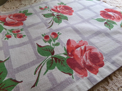 Red Roses Lattice Vintage Fabric Piece, Midcentury Style 14" x 31" inches for sewing material, upcycling