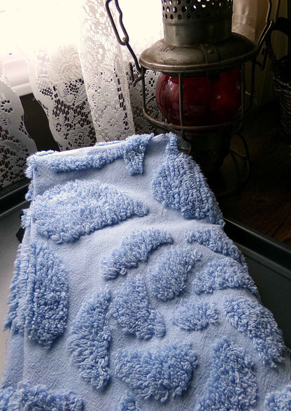 Stylized Roses Vintage Chenille Quilt Fabric, 30" x 26" inch Piece, Soothing Dusky Blue Rose Blooms, 100% Cotton