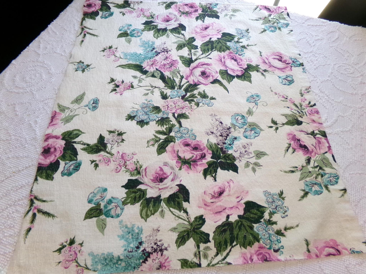 Vintage Barkcloth Fabric, Shabby Cottage Chic Roses on Aged White, 18" x 25" Cut Fabric Piece from a Deconstructed bark cloth curtain panel