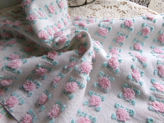 favorite pink rosebud vintage chenille fabric, cottage style sewing & quilt material, 18" x 24" inch piece