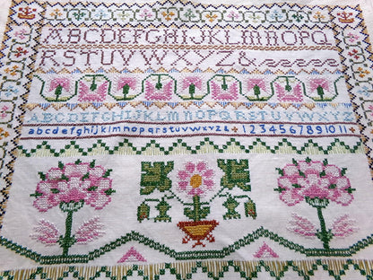 Shabby Vintage Linen Embroidery Sampler, Jacobean 1773 Cooper Hewitt Museum, 0860 Paragon Stitchery, Hand Embroidered, Completed