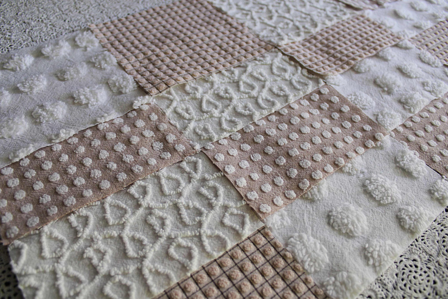 Trendy Neutral Chenille Squares, Vintage Meets Modern Craft Quilt Square Set from Vintage Bedspread Fabric, 16 Blocks, 6" x 6" inch