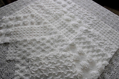 white chenille fabric squares in dynamic textures, coin dots, lattice, mini pop sparkle & squiggles, 16 vintage quilt blocks, 6" x 6" ea