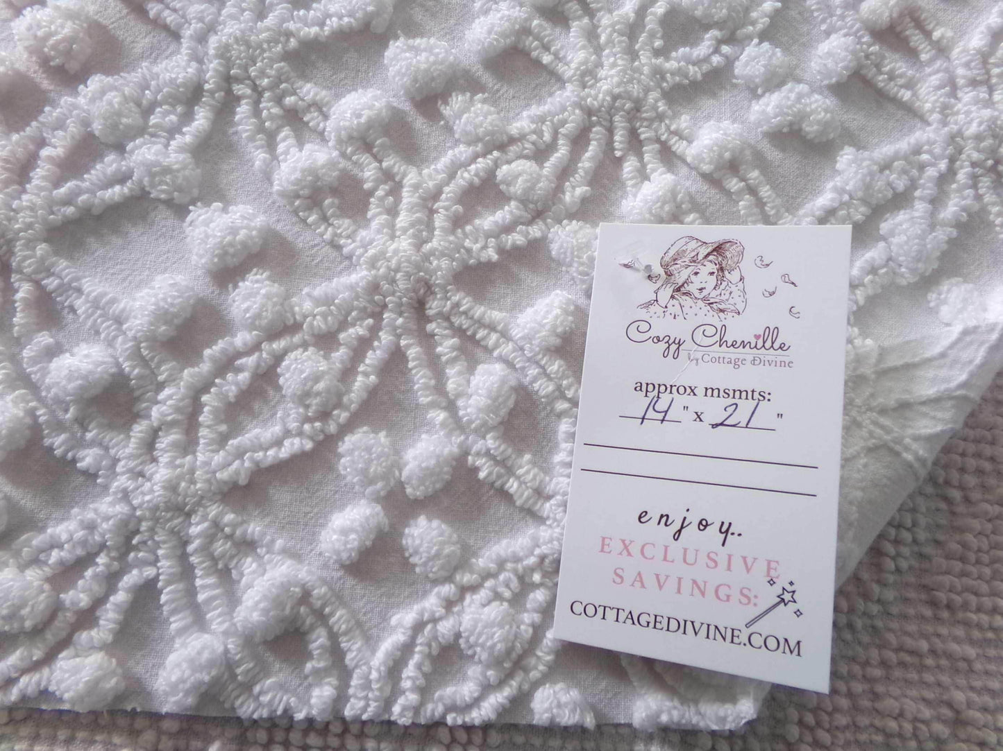 Simple White Vintage Chenille Fabric, Classic Wedding Rings & Dots, 14" x 21" inch piece of sewing material for quilts, pillows, crafts