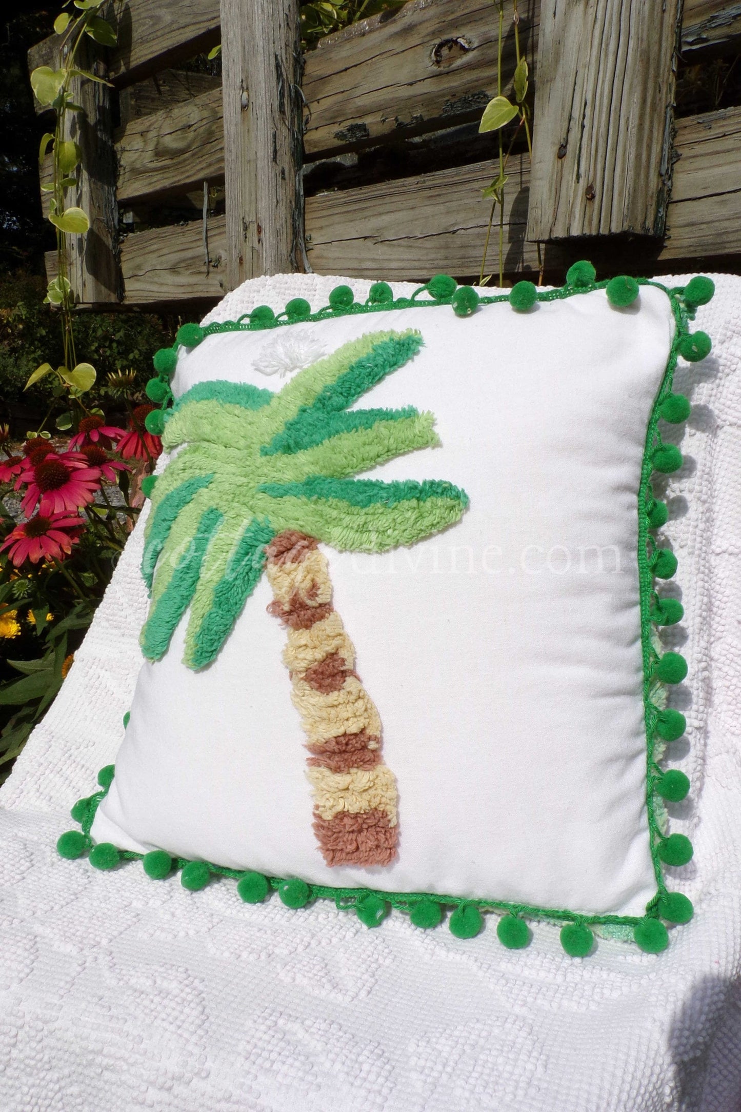 Tropical Bungalow Vintage Chenille Pillow Cover 12" x 12" inch Square, REVERSIBLE Palm Tree Design Accent Pillow & Insert with Pom Pom Trim