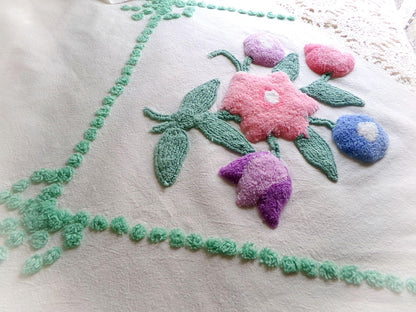 sculpted floral vintage chenille fabric, tulip peony flowers & little green bows, 20" x 25" inch piece of cotton sewing material for pillows