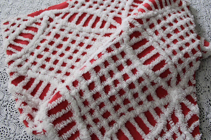red & white chenille fabric, fun festive wedding rings, 19" x 27" inch piece, 100% lightweight cotton, great for vintage Christmas stockings