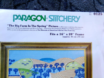 Vintage The BIG FARM In The SPRING Paragon Crewel Embroidery Kit #0125, American Folk Art Stitchery, Susan Goldsmith