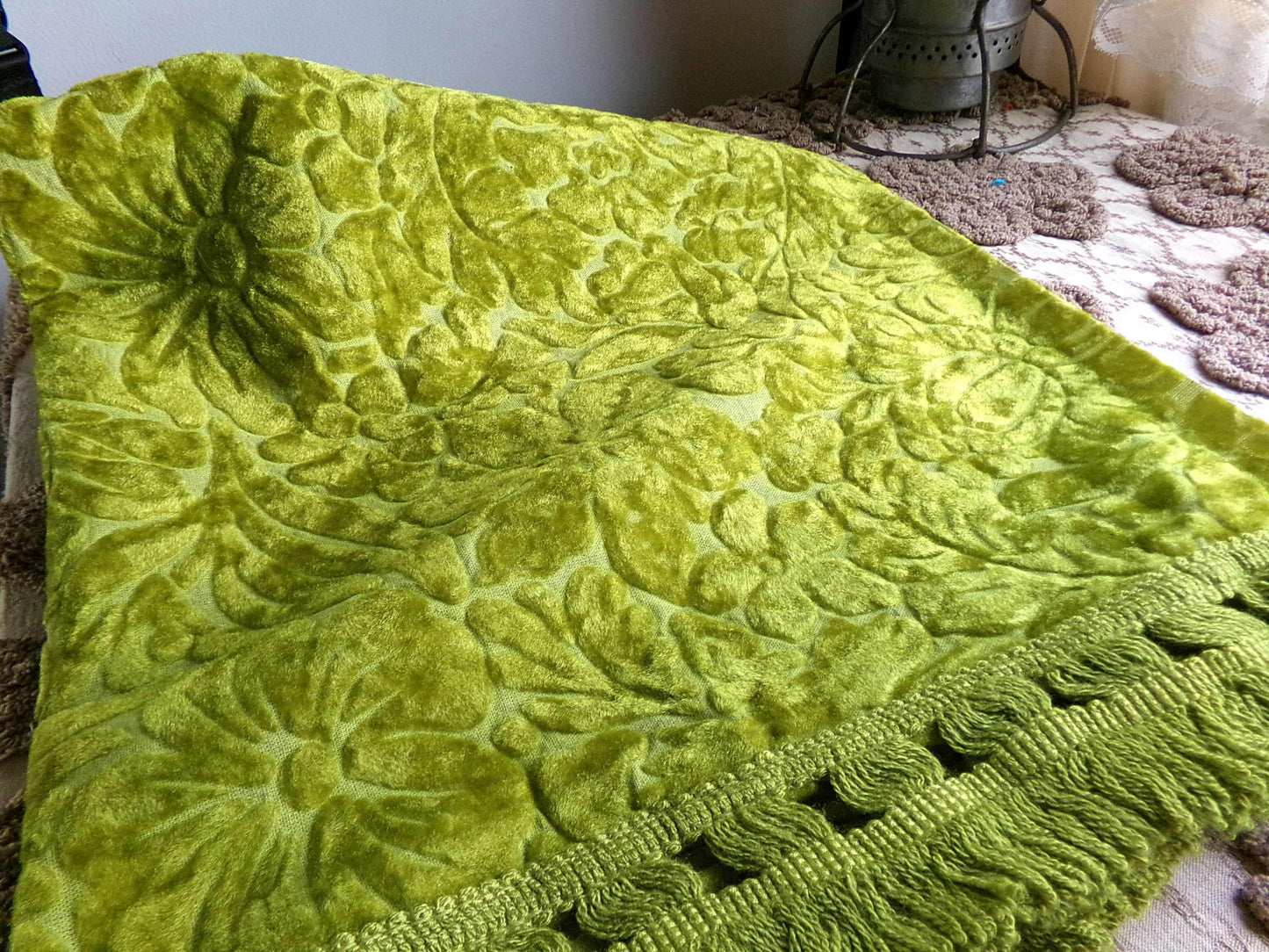Vintage Cut Velvet Fabric, Bewitching Golden Green Shimmer Sculpted Florals, 24" x 18" inch Piece