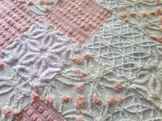 Chenille Fabric Squares Set, "Charmed", 16 Vintage Quilt Blocks, 6" inch in Pinks & White